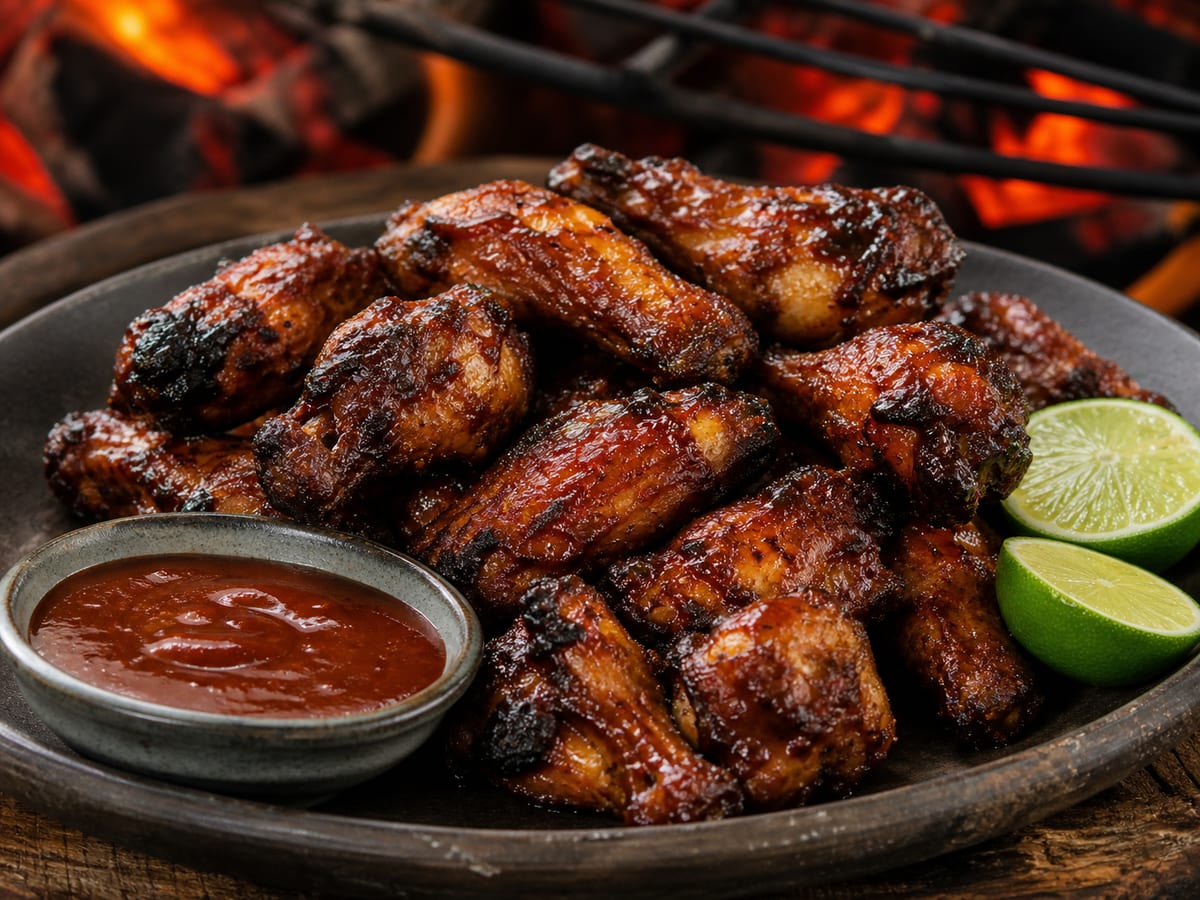 Alitas de pollo BBQ brillantes y doradas servidas junto a una parrilla
