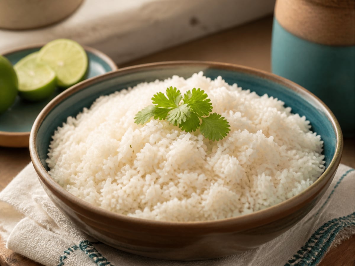 Arroz blanco suelto servido con agua y aceite
