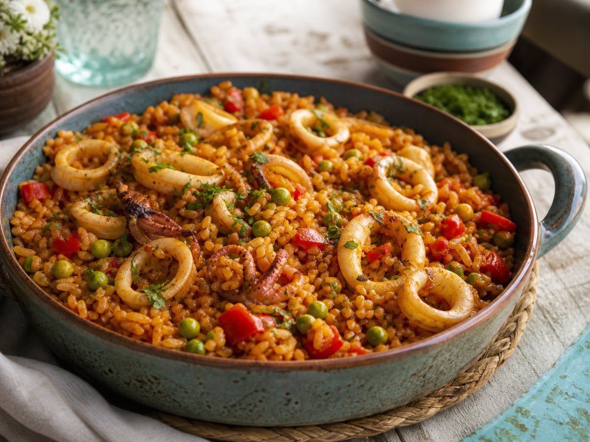 Arroz con calamares servido con arroz y tomate