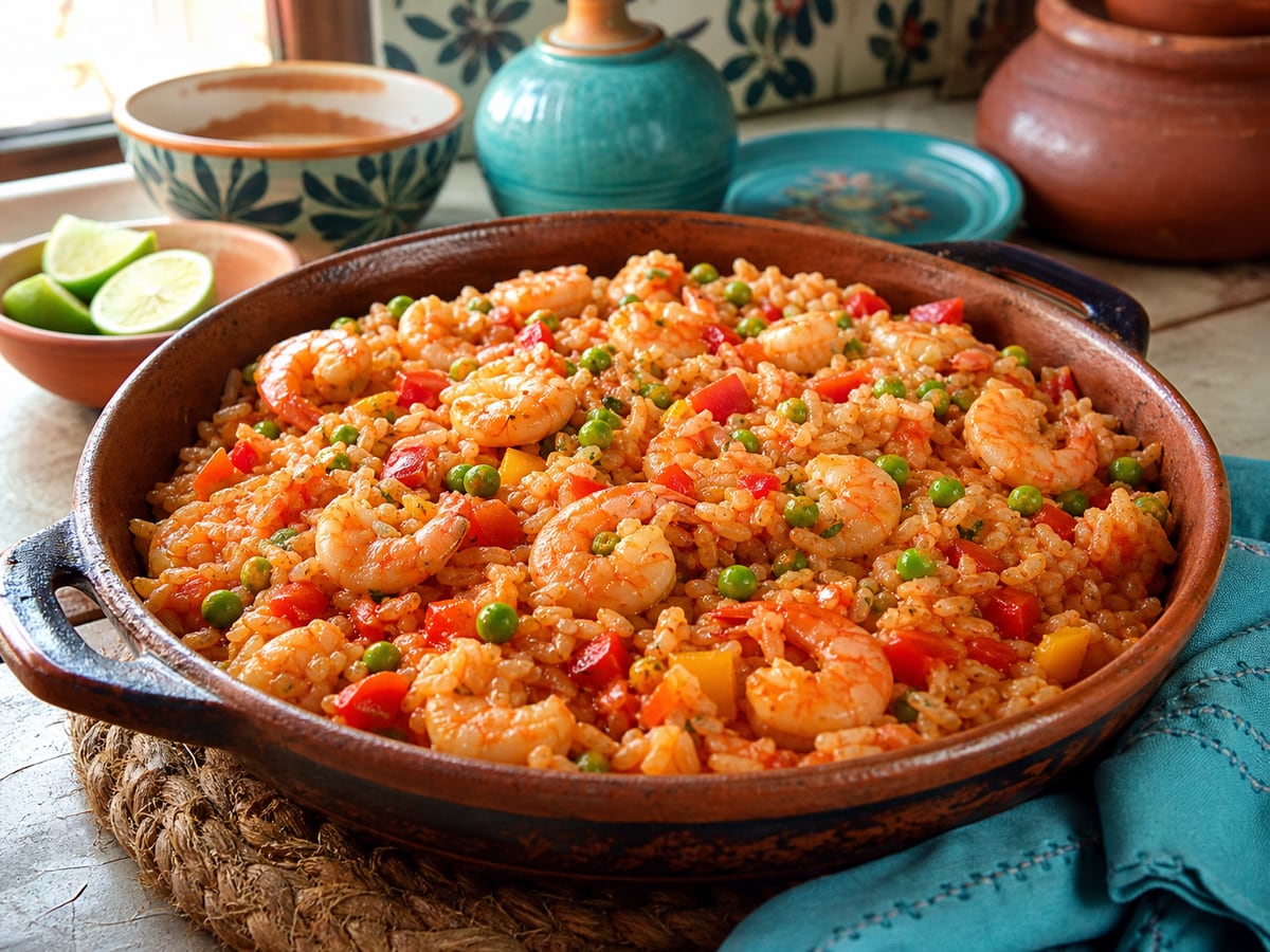 Arroz con camarones servido con arroz y tomate