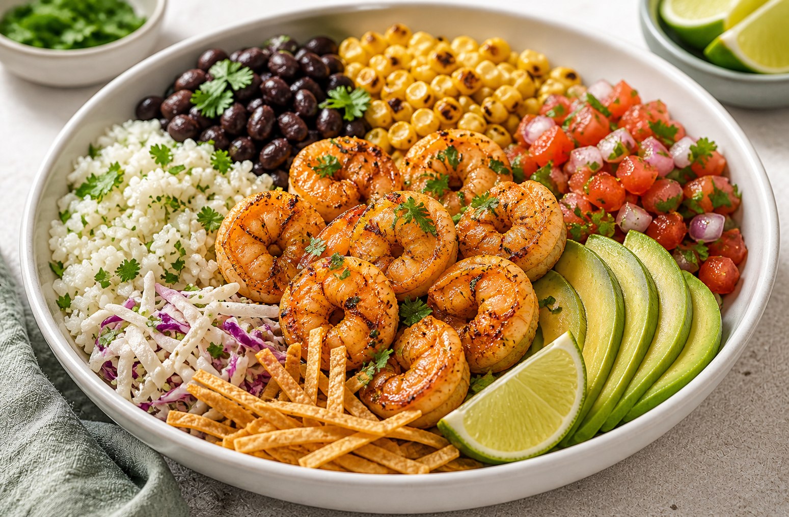 Baja Bowl con camarones, arroz cilantro-limon, frijoles negros y aguacate