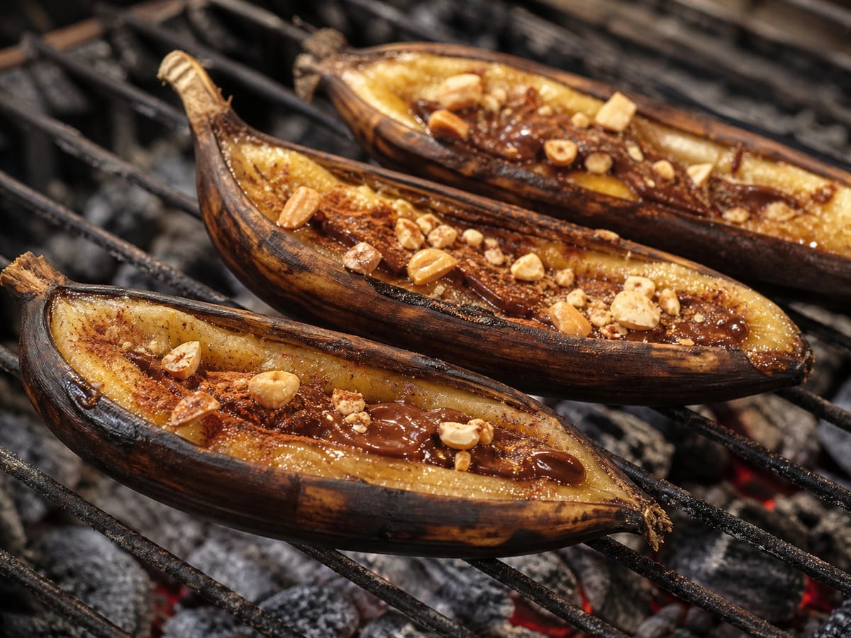 Bananos asados abiertos en su cáscara con canela, chocolate y manías