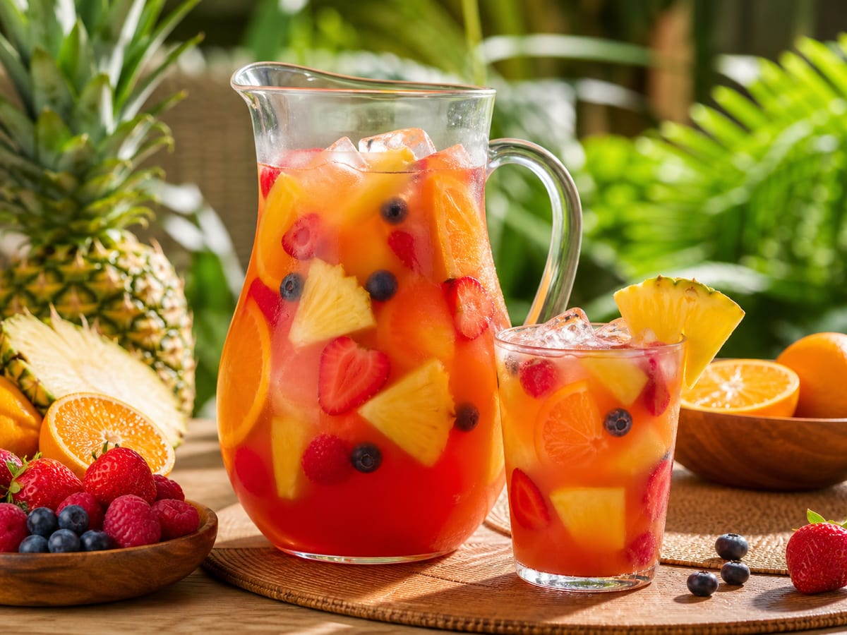 Jarra y vaso de ponche de frutas tropicales
