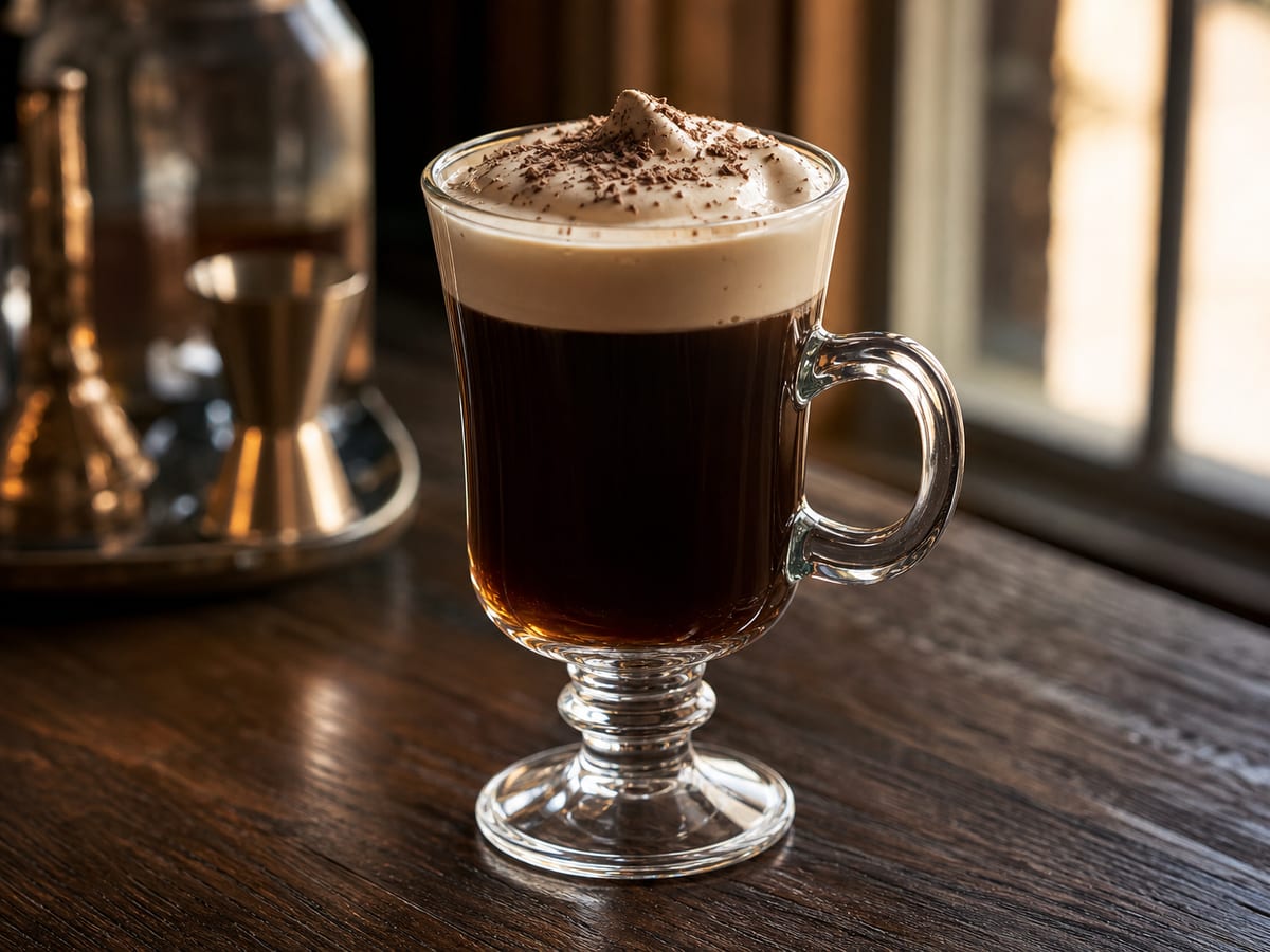 Taza de Irish Coffee con una capa de crema