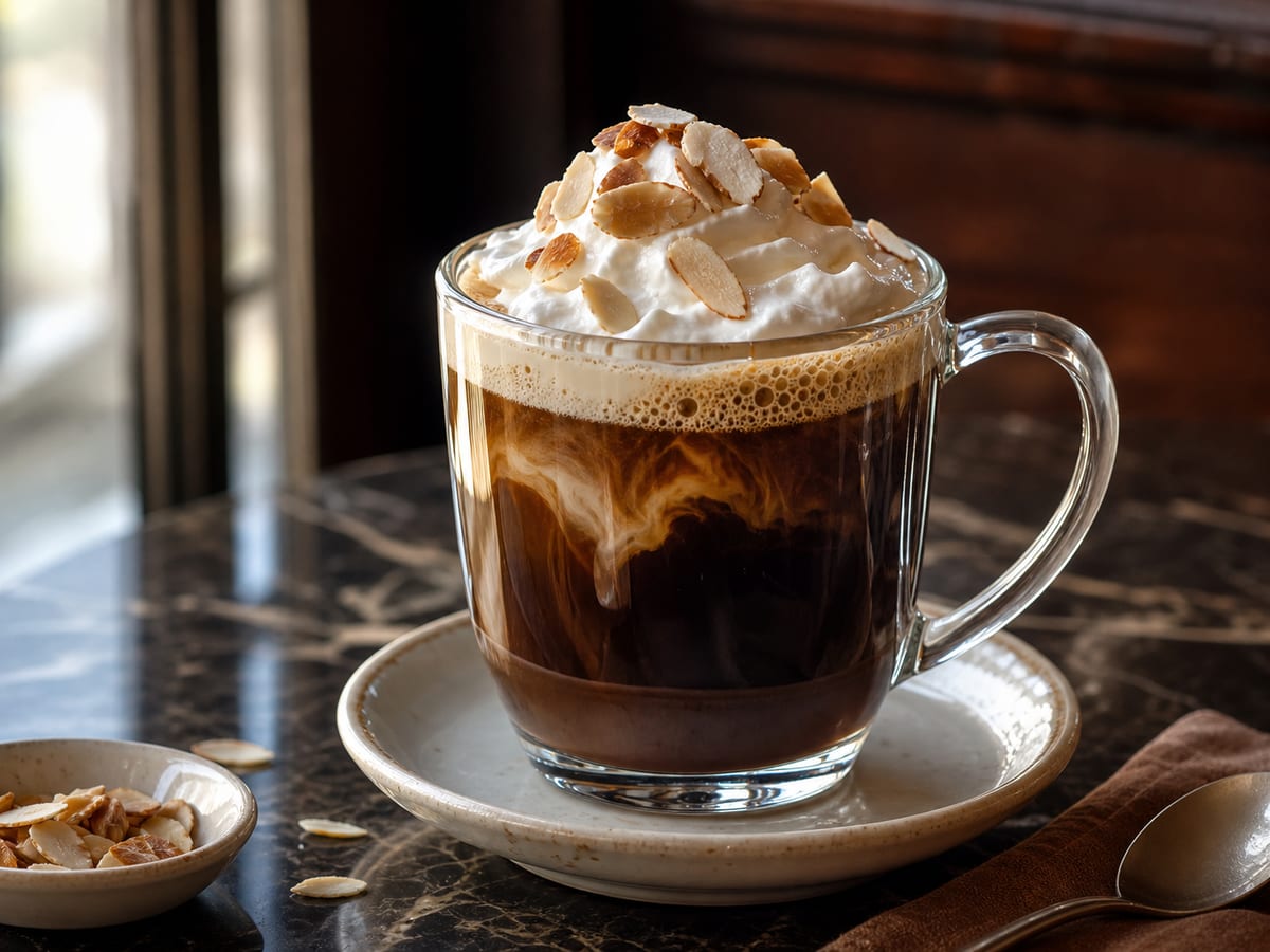 Café con amaretto, crema batida y almendras