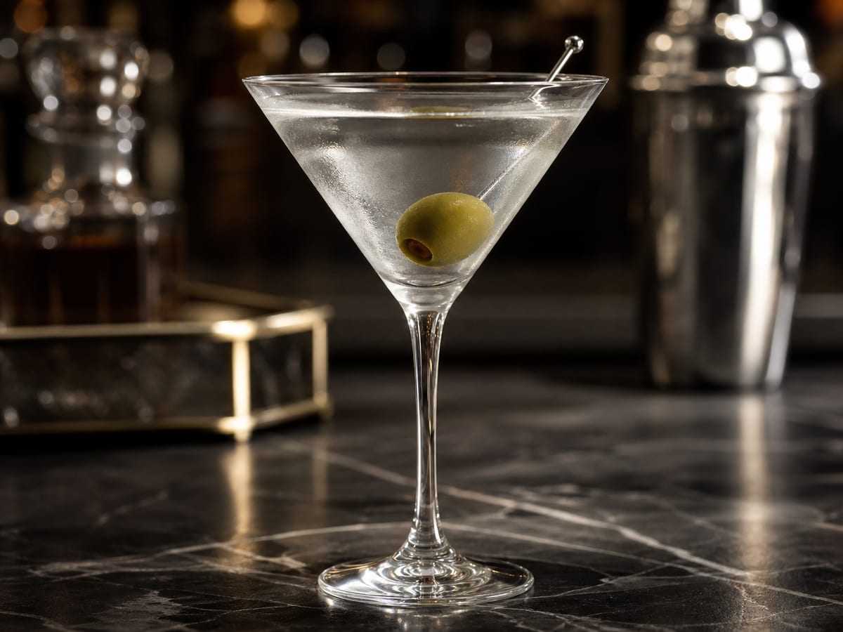Martini clásico transparente con aceituna