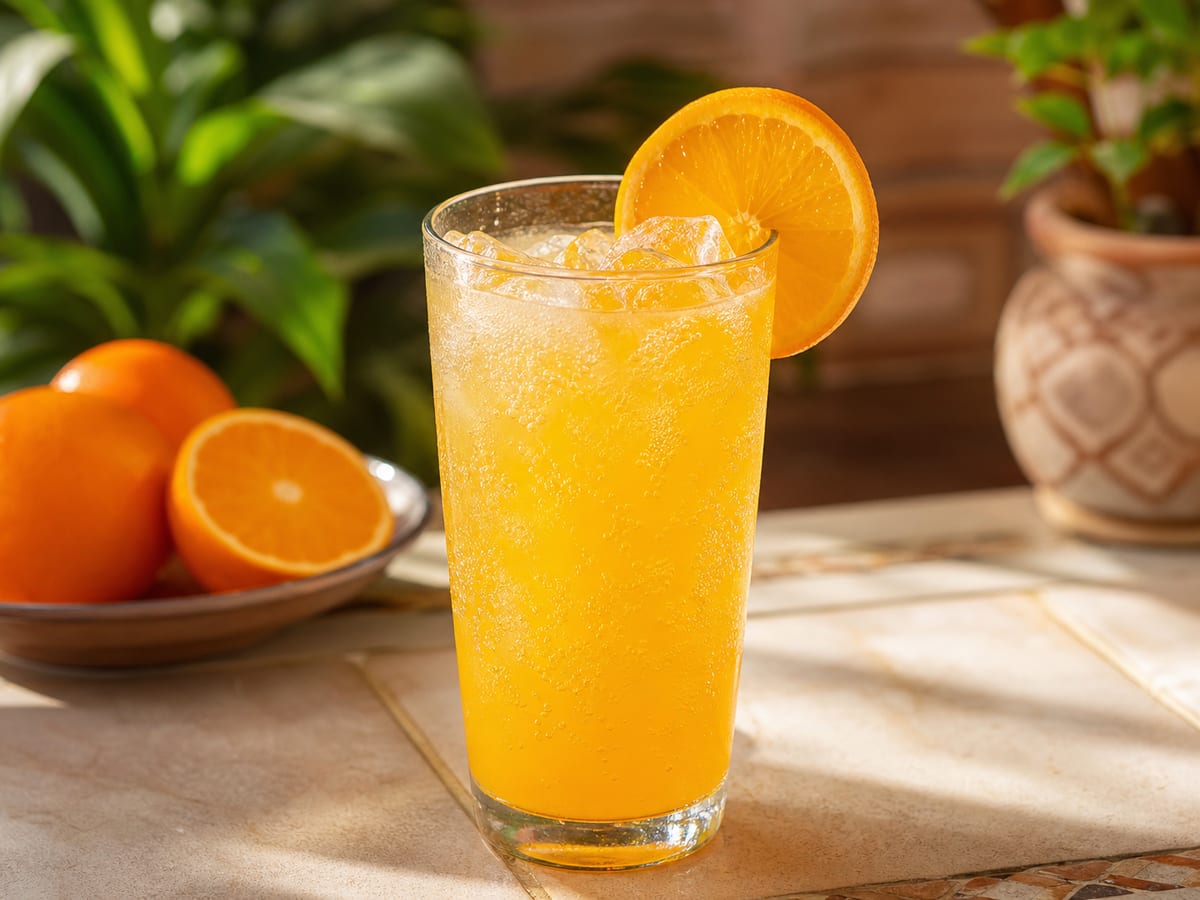 Naranjada fresca con soda y hielo