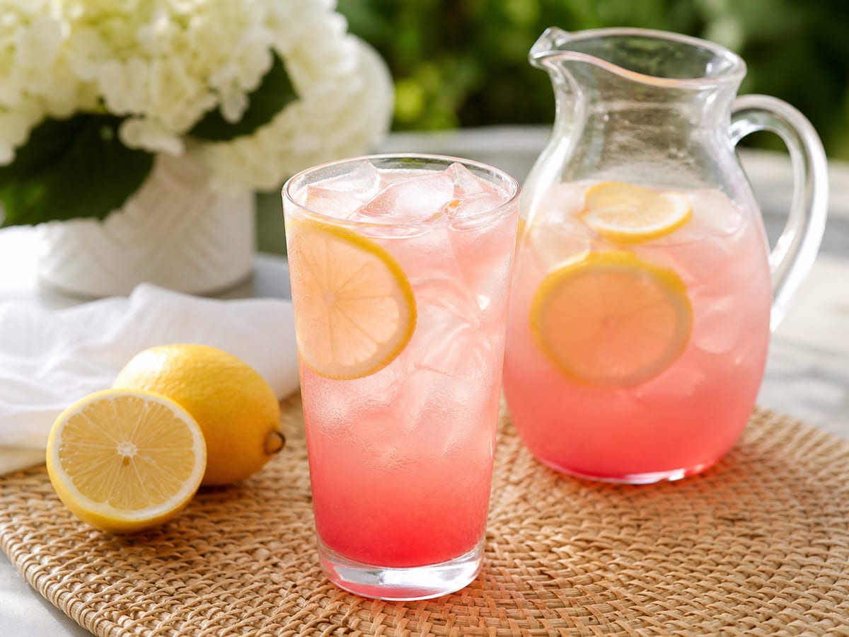 Jarra y vaso de limonada rosada con hielo