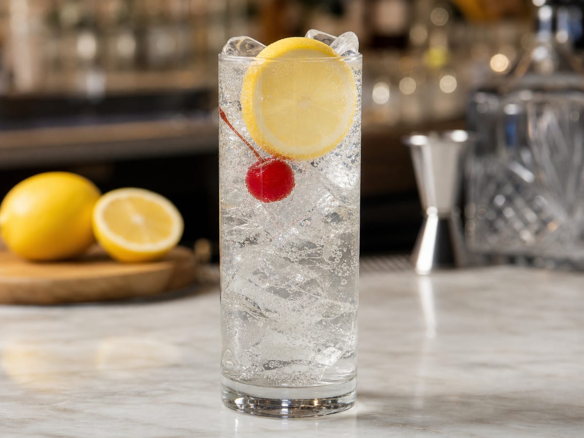 Tom Collins burbujeante con limón y cereza