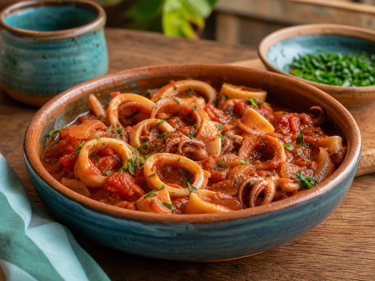 Calamar guisado con tomate servido con tomate y vino blanco opcional