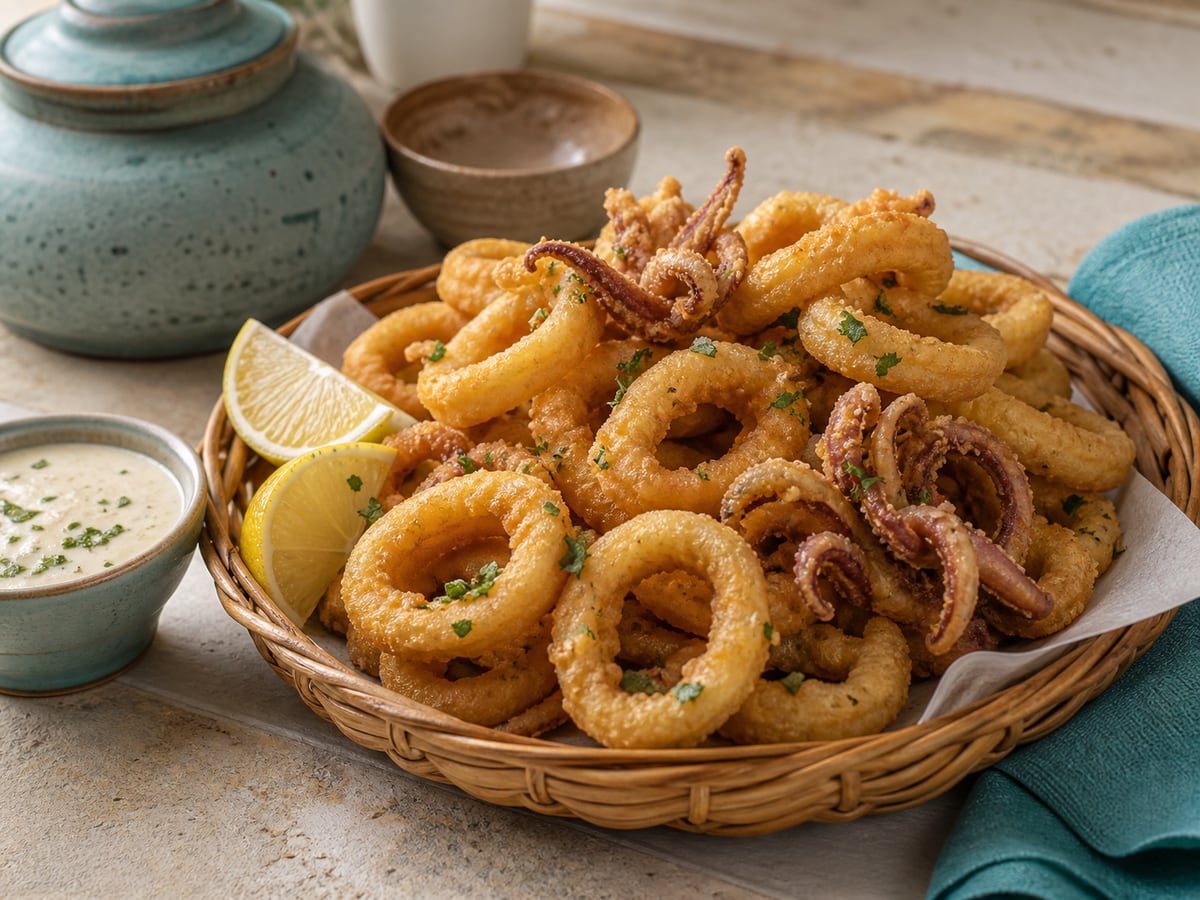 Calamares fritos crujientes servido con harina y limón
