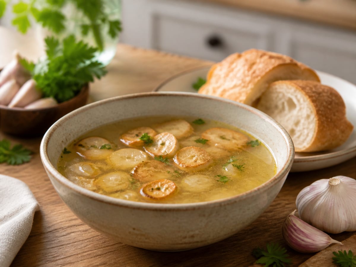 Tazón de caldo de ajo dorado con pan rústico