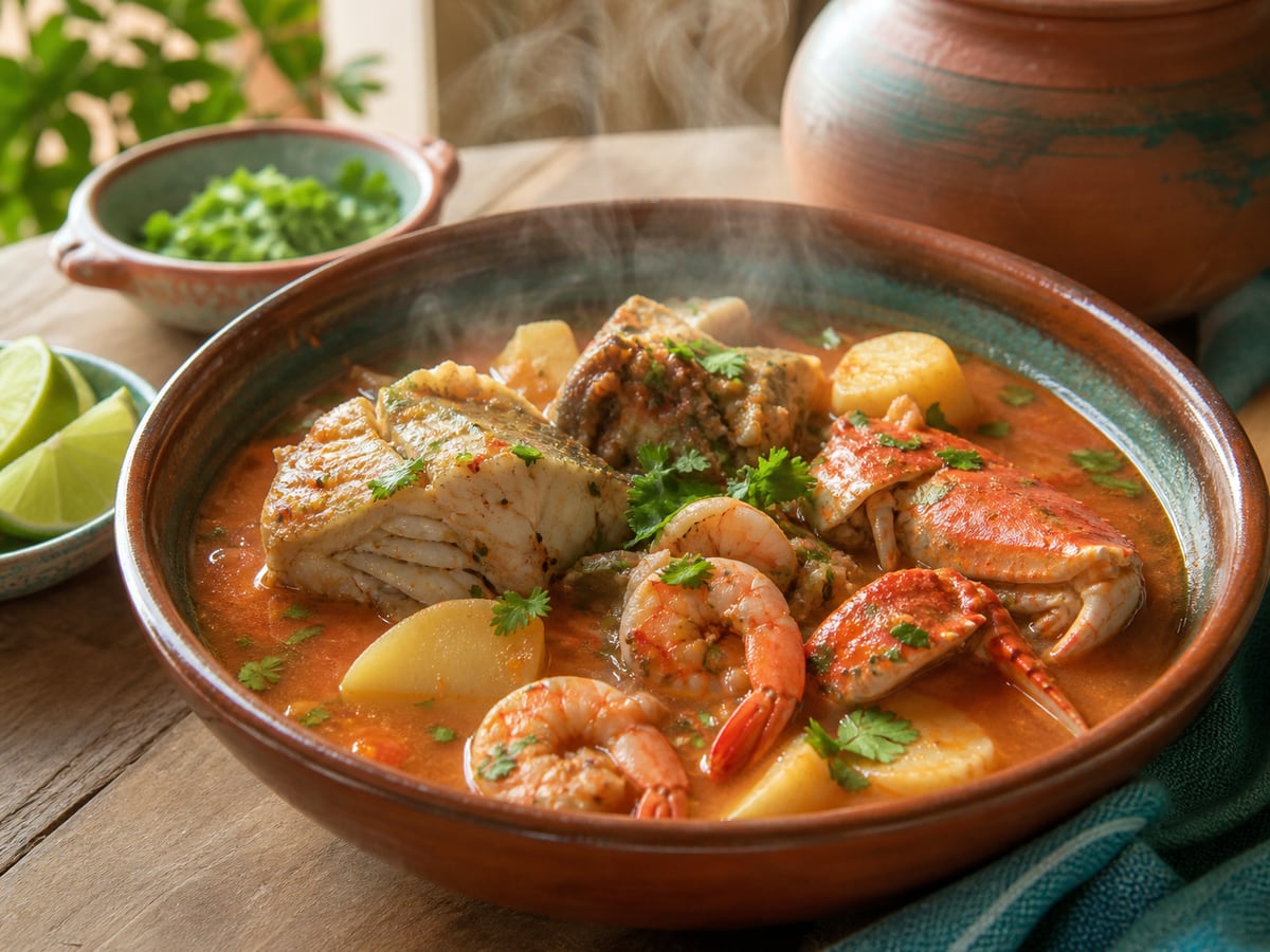 Caldo de mariscos chapín servido con tomate y papa