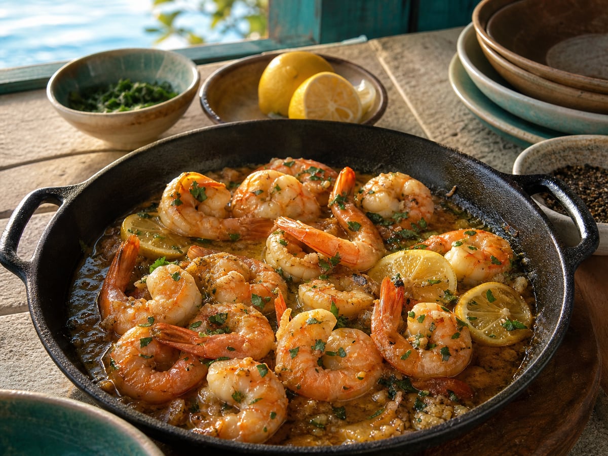Camarones en mantequilla de ajo servido con mantequilla y ajo