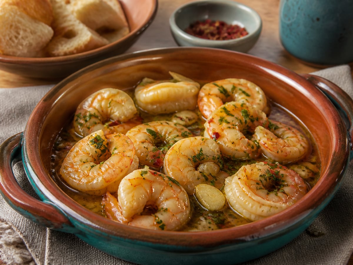 Camarones al ajillo servido con ajo y mantequilla