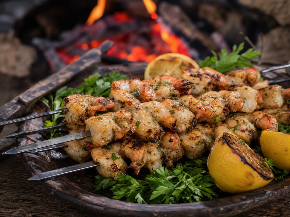 Pinchos de camarones al ajo dorados sobre la parrilla con limón y perejil