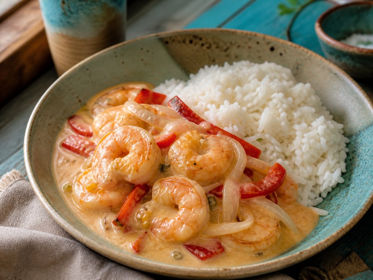 Camarones con crema servido con crema y cebolla
