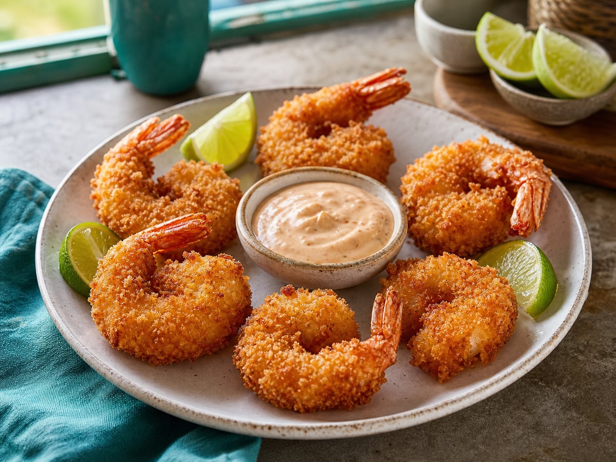Camarones empanizados servido con miga de pan y huevo