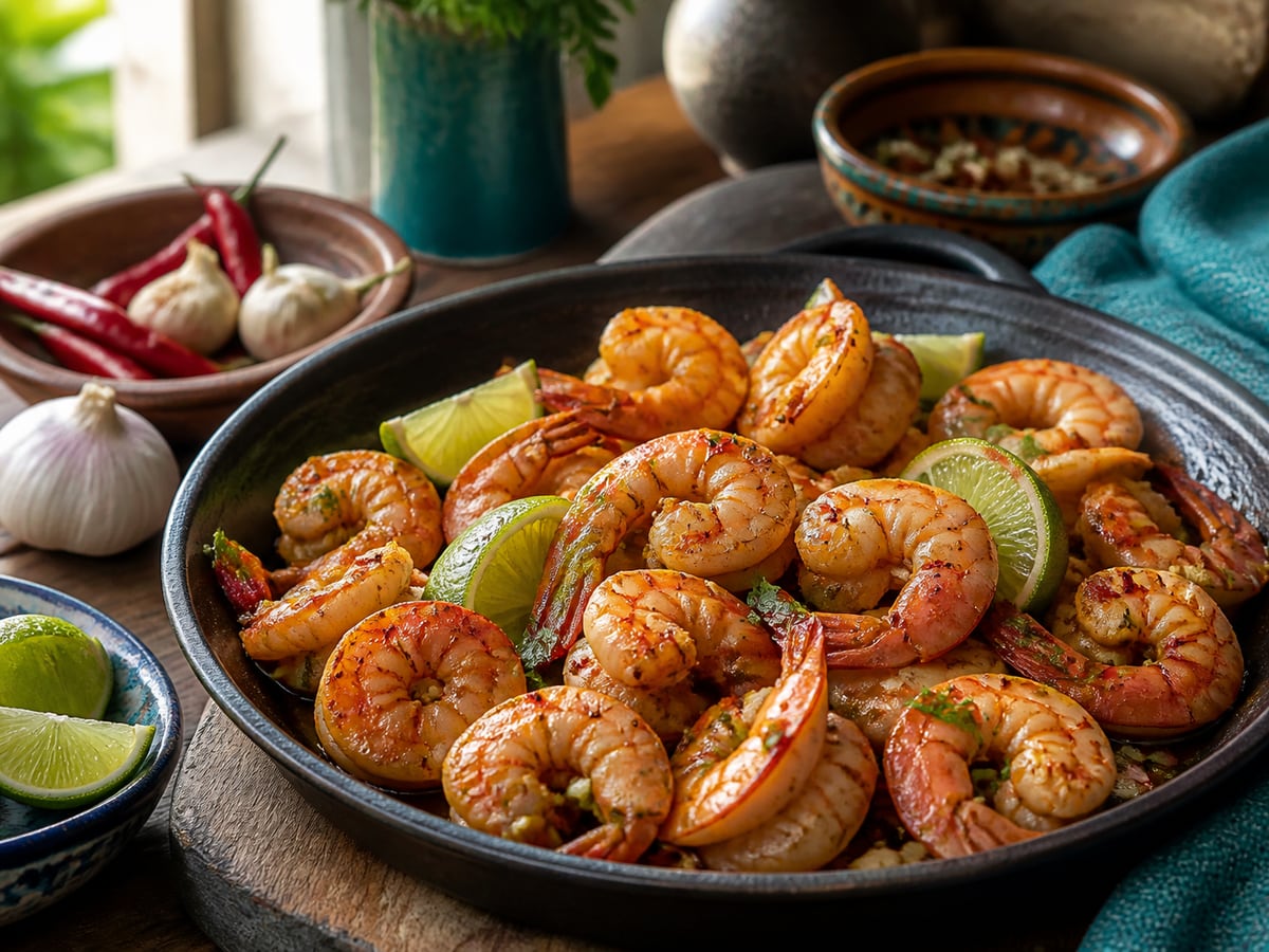 Camarones picantes con limón servido con chile cobanero y limón