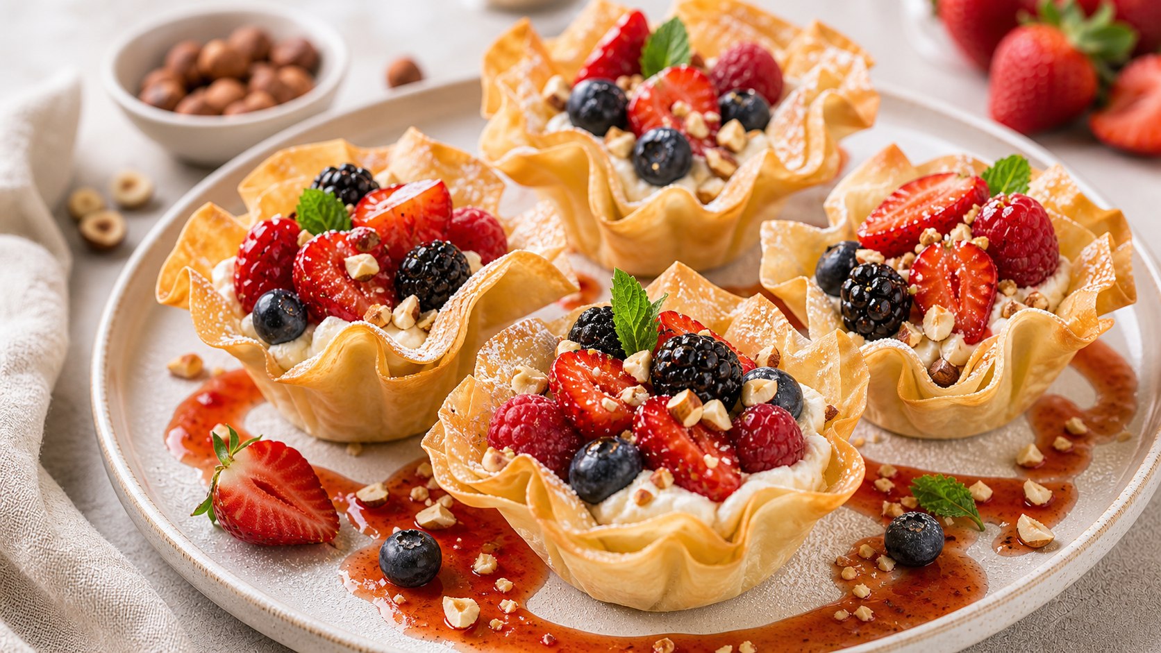 Canastitas crocantes con crema y frutas