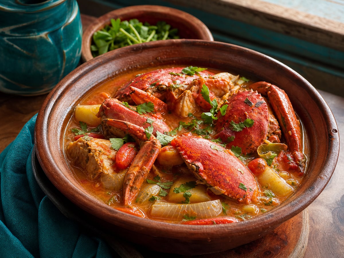 Cangrejos en caldo servido con tomate y caldo