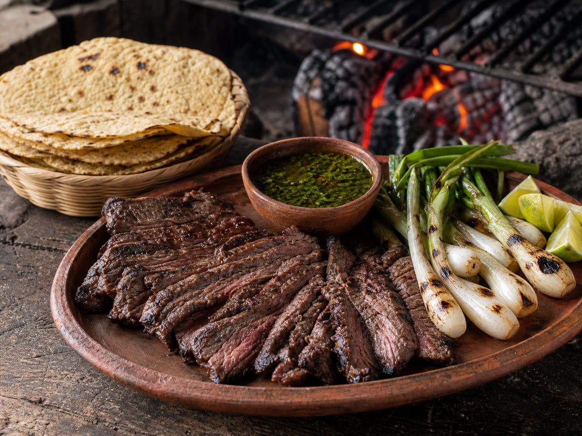 Carne asada chapina cortada en tiras con cebollines, chirmol y tortillas junto a brasas