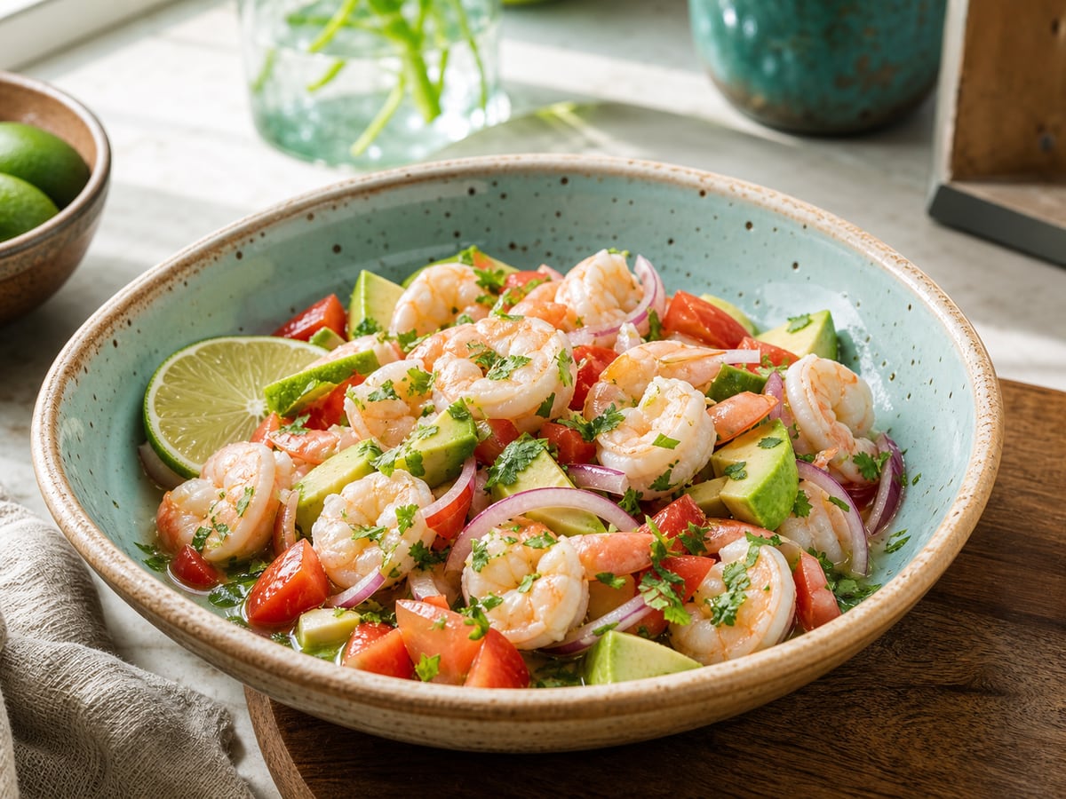 Ceviche de camarón cocido servido con limón y tomate