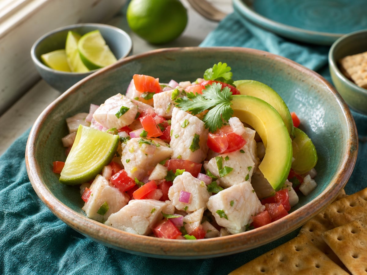 Ceviche guatemalteco de pescado cocido servido con limón y tomate