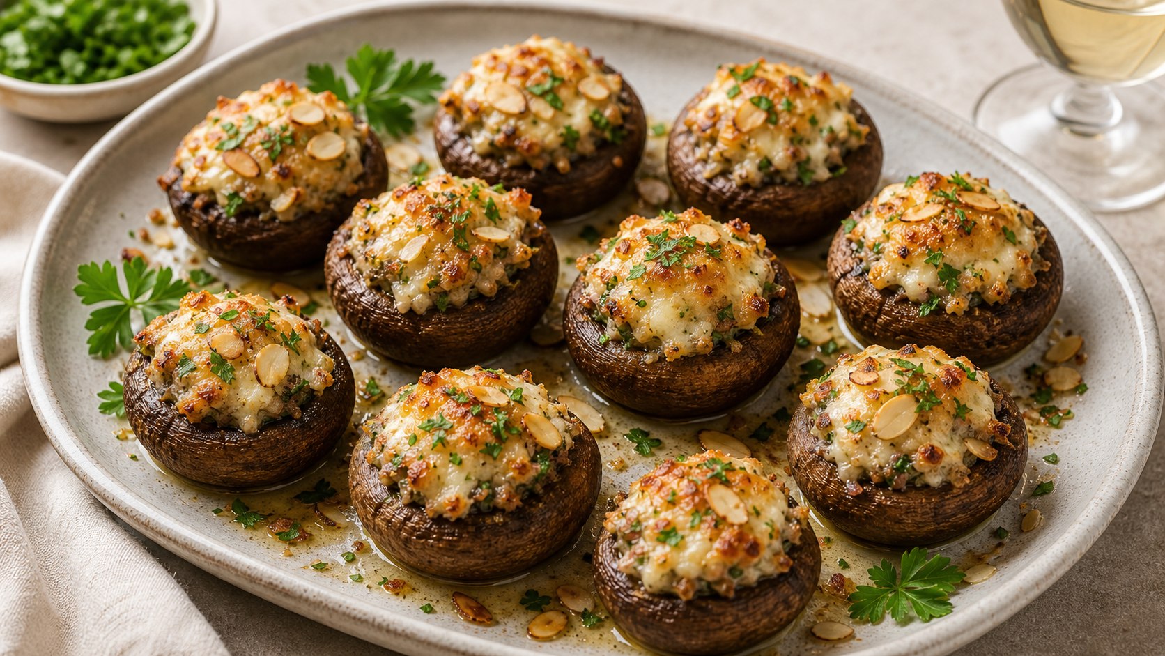 Champiñones gratinados con queso y almendras