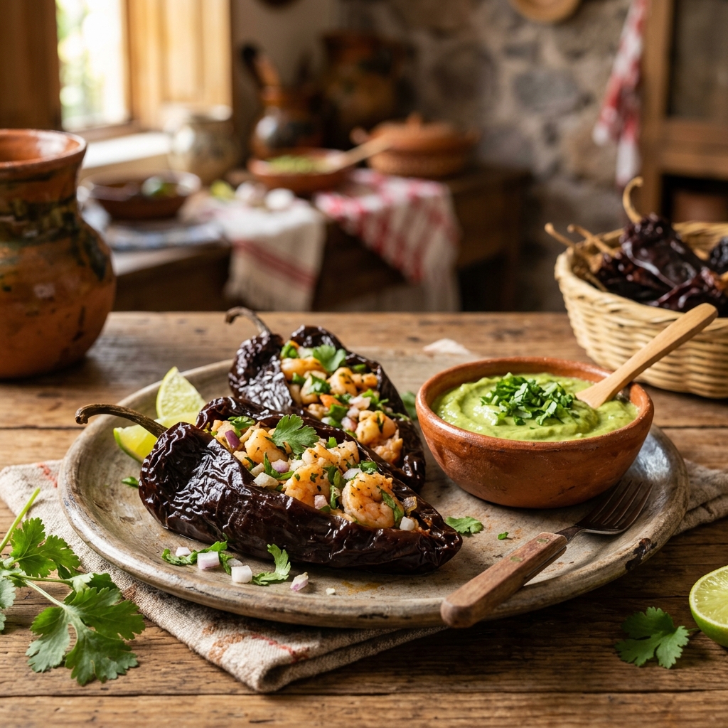 Chiles con Camarón y Salsa de Aguacate