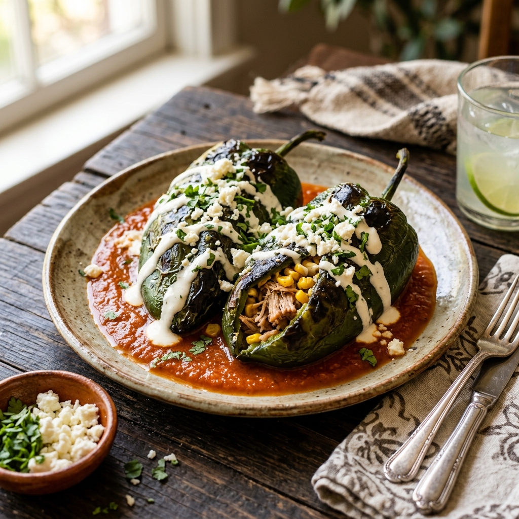 Chiles Rellenos (Poblanos con carne deshebrada)