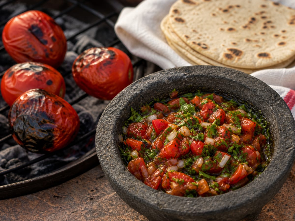 Chirmol chapín rústico con tomate asado, cebolla, cilantro y limón en molcajete