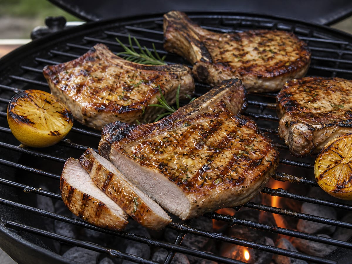 Chuletas de cerdo doradas con ajo y hierbas sobre una parrilla de carbón
