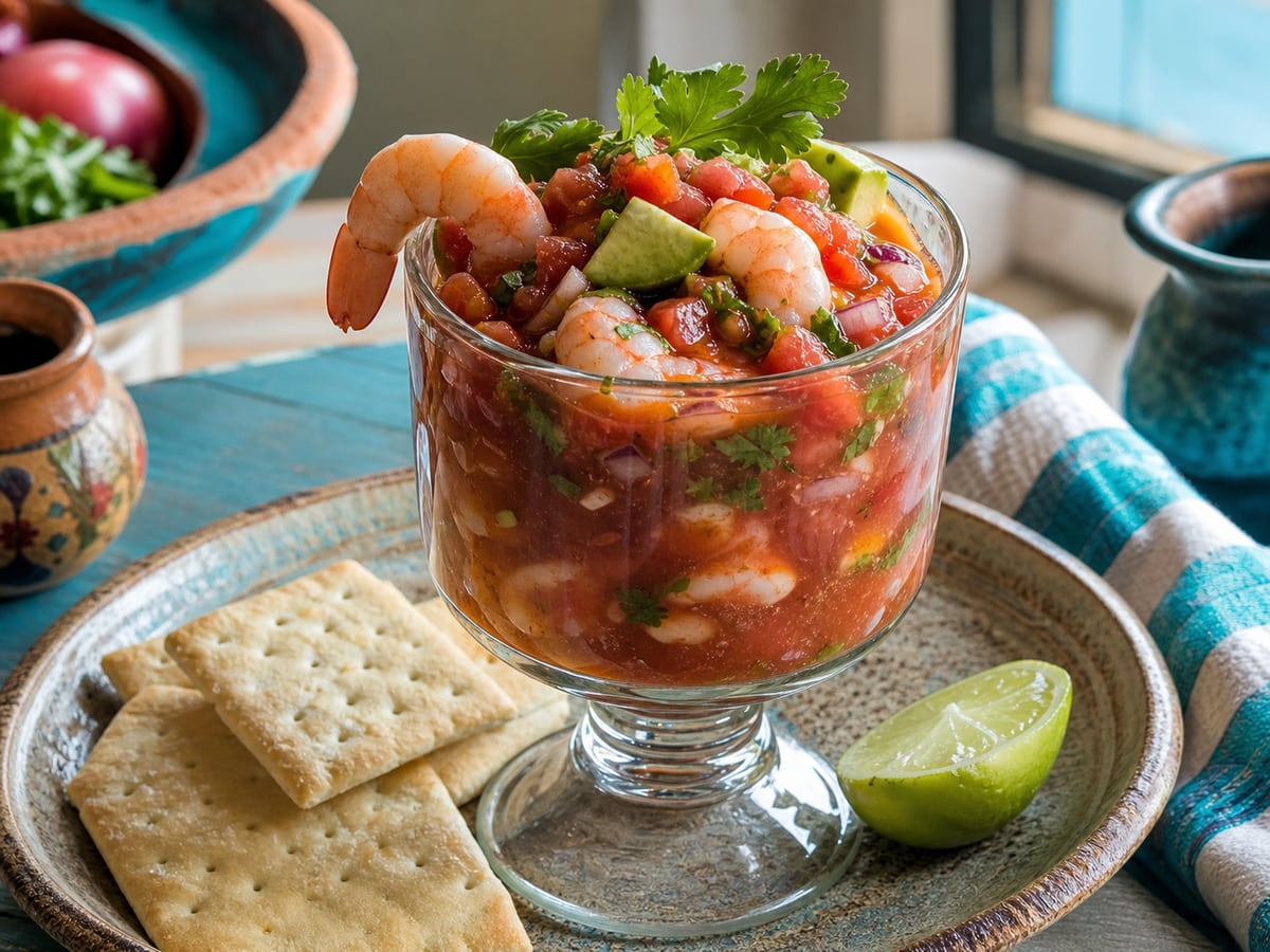 Cóctel de camarón chapín servido con tomate y cebolla