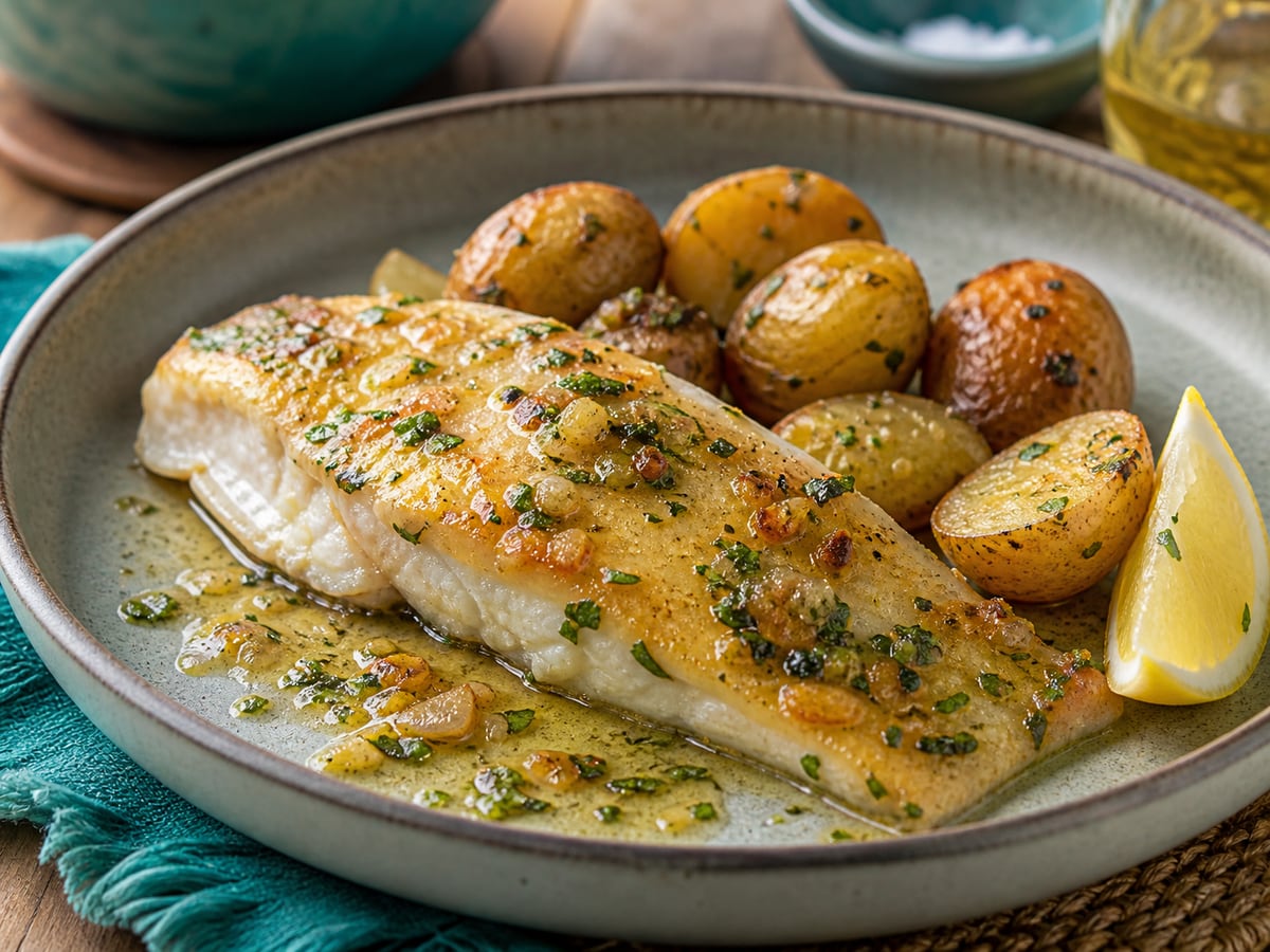 Corvina al ajo servido con ajo y mantequilla
