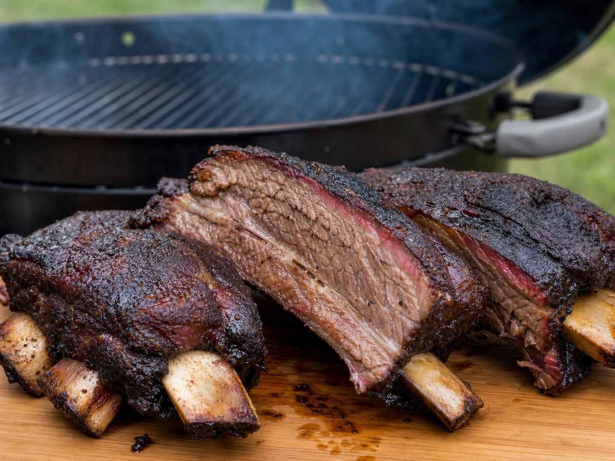 Costillas de res ahumadas con corteza oscura sobre tabla junto a una parrilla de carbón