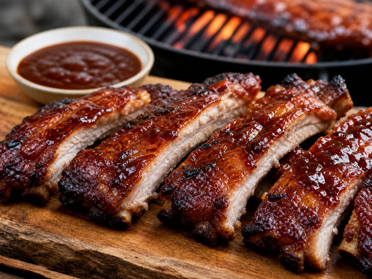 Costillas de cerdo BBQ glaseadas y cortadas sobre una tabla junto a brasas