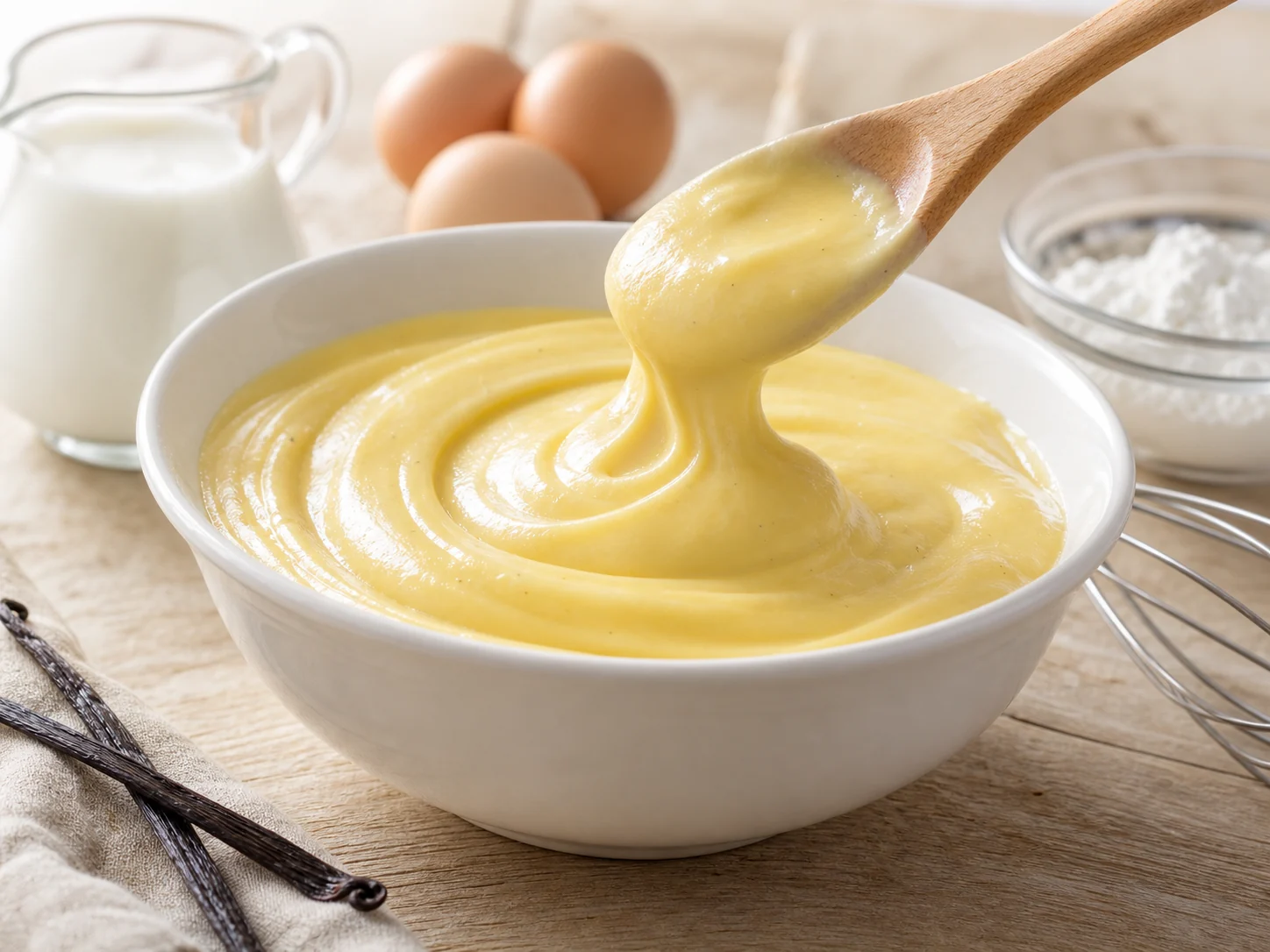 Tazon de ceramica blanca con crema pastelera brillante y cuchara de madera levantando una porcion cremosa