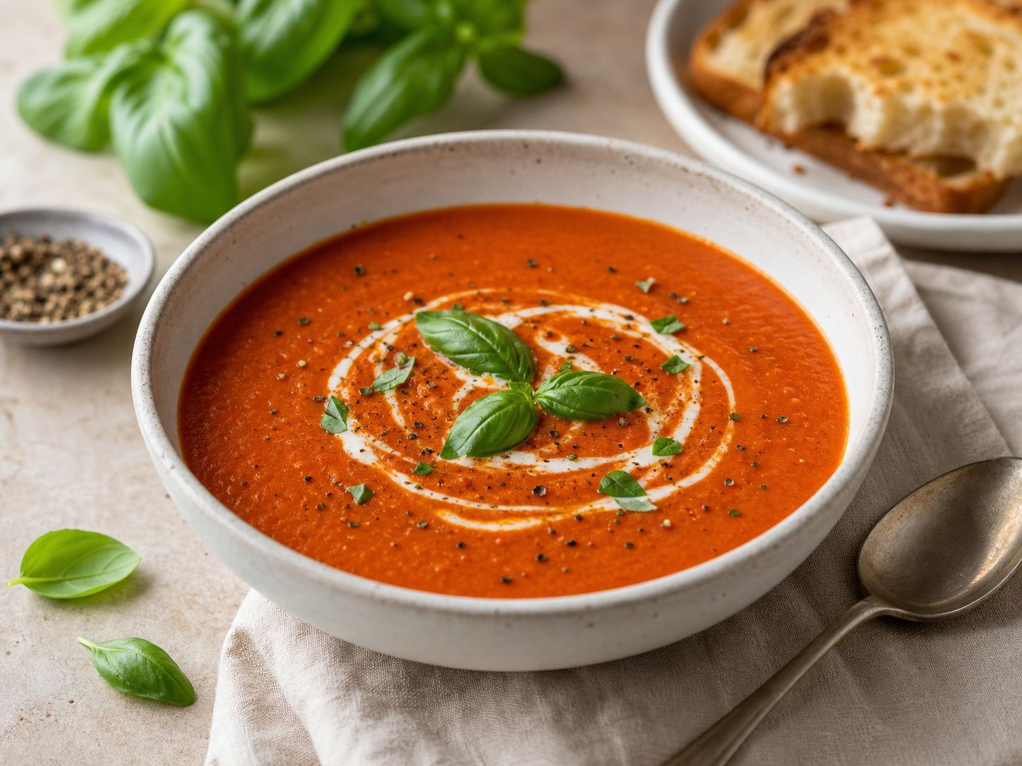 Crema de tomate decorada con perejil y crema