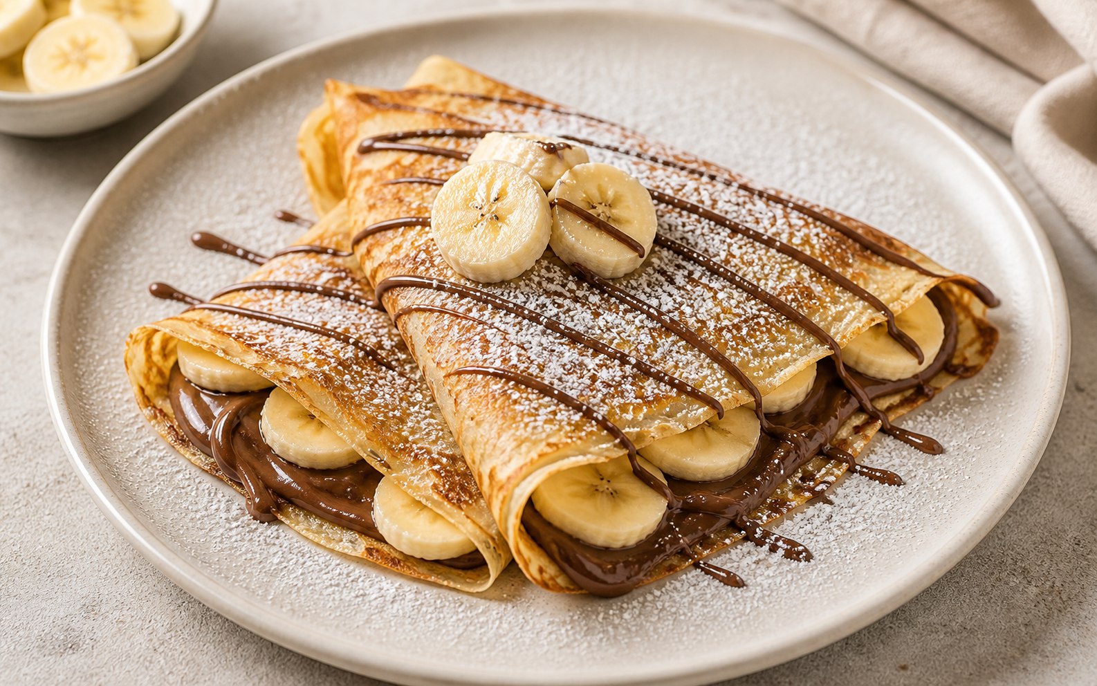 Crepas dobladas con Nutella, banano y azúcar pulverizada
