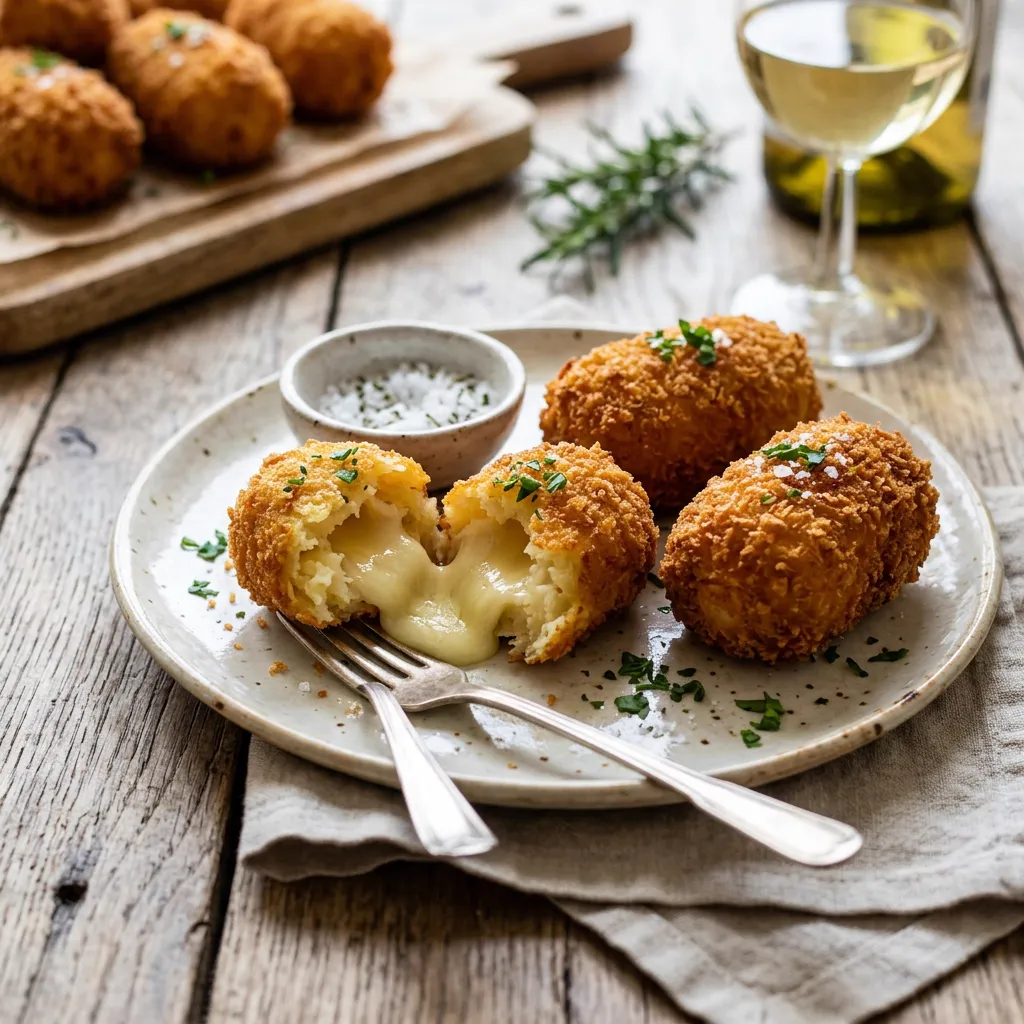 Croquetas doradas de papa partidas por la mitad mostrando queso derretido