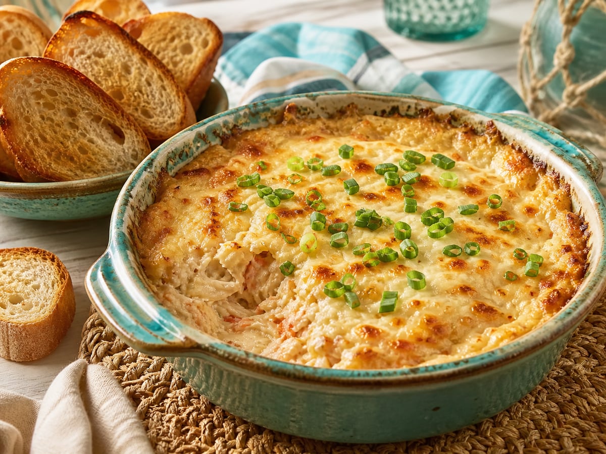 Dip caliente de cangrejo servido con queso crema y limón