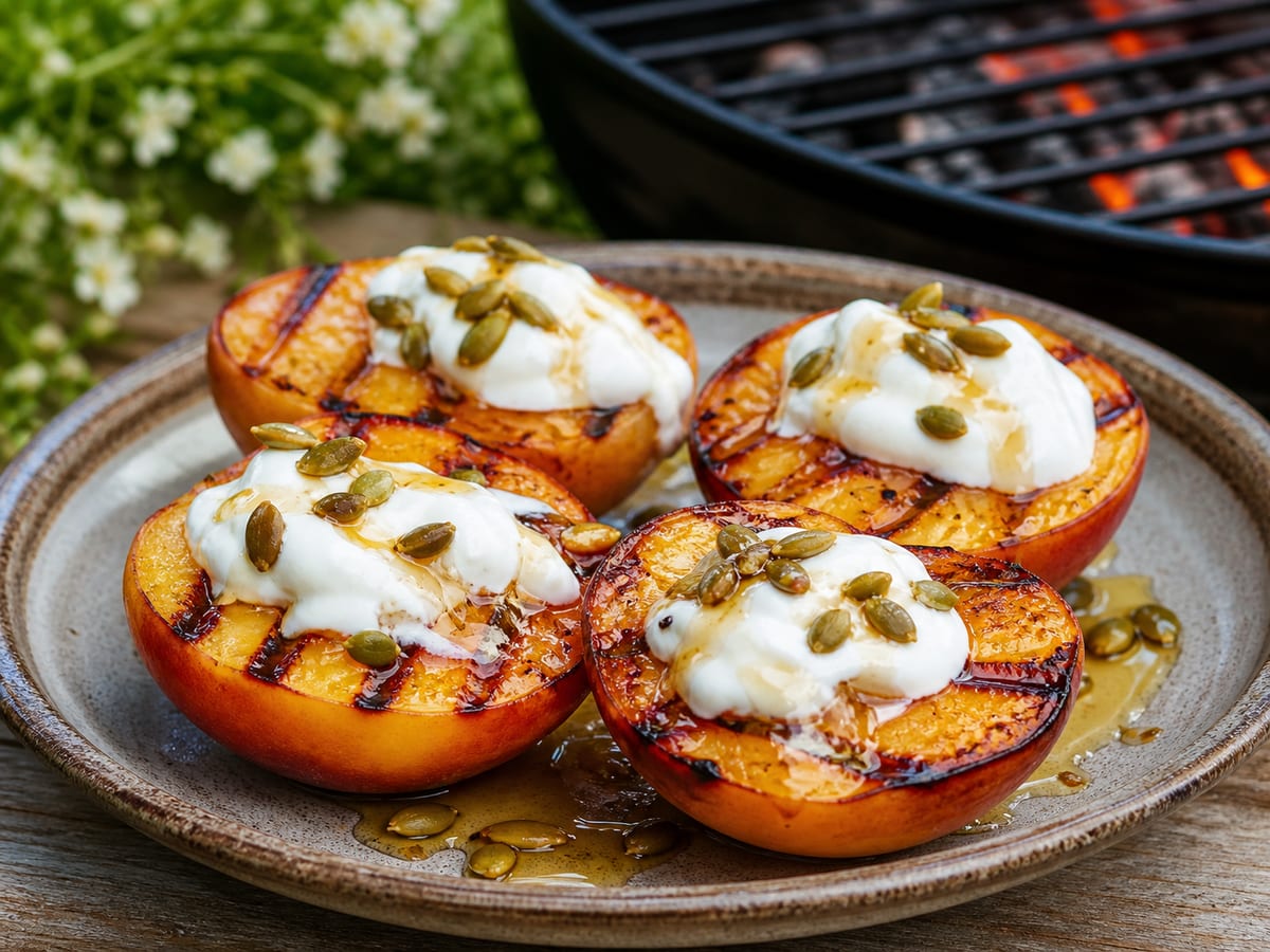 Mitades de durazno asadas con yogur, miel y pepitoria tostada