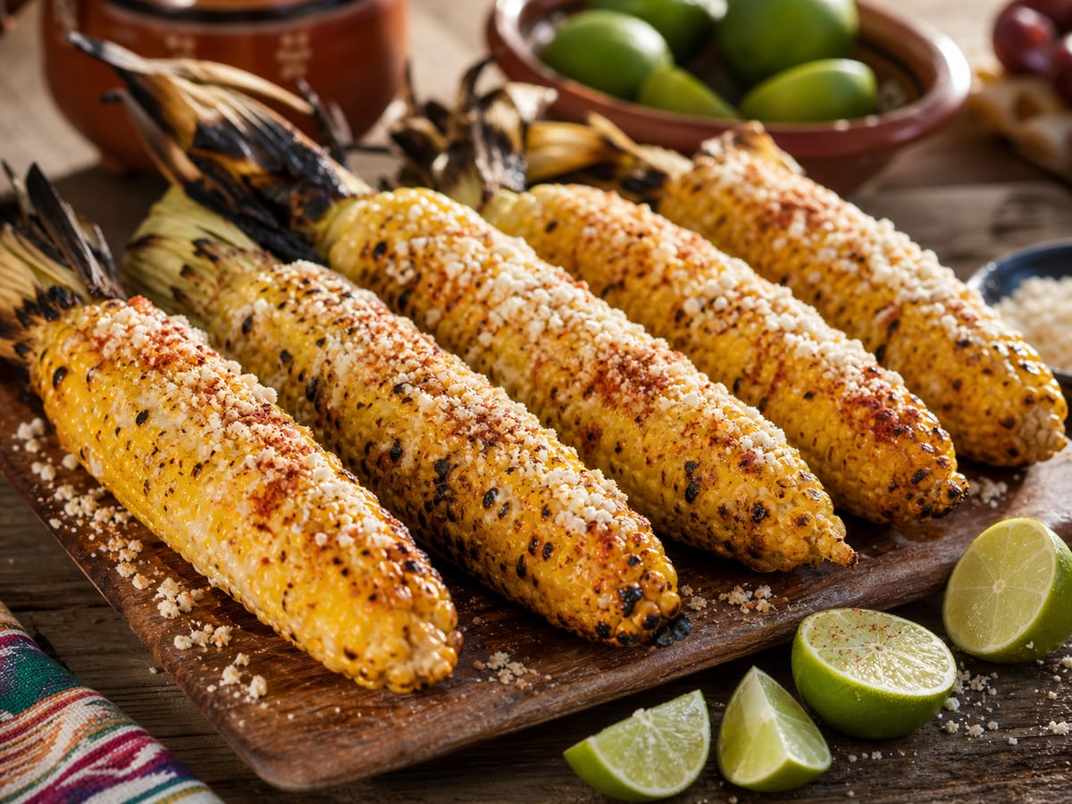 Elotes asados con mantequilla, queso, limón y chile frente a brasas