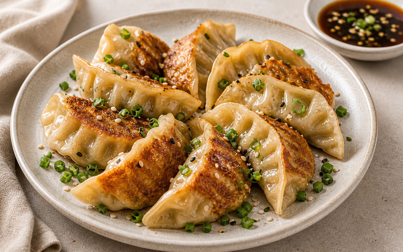 Empanaditas asiáticas pan-fritas con salsa de soya