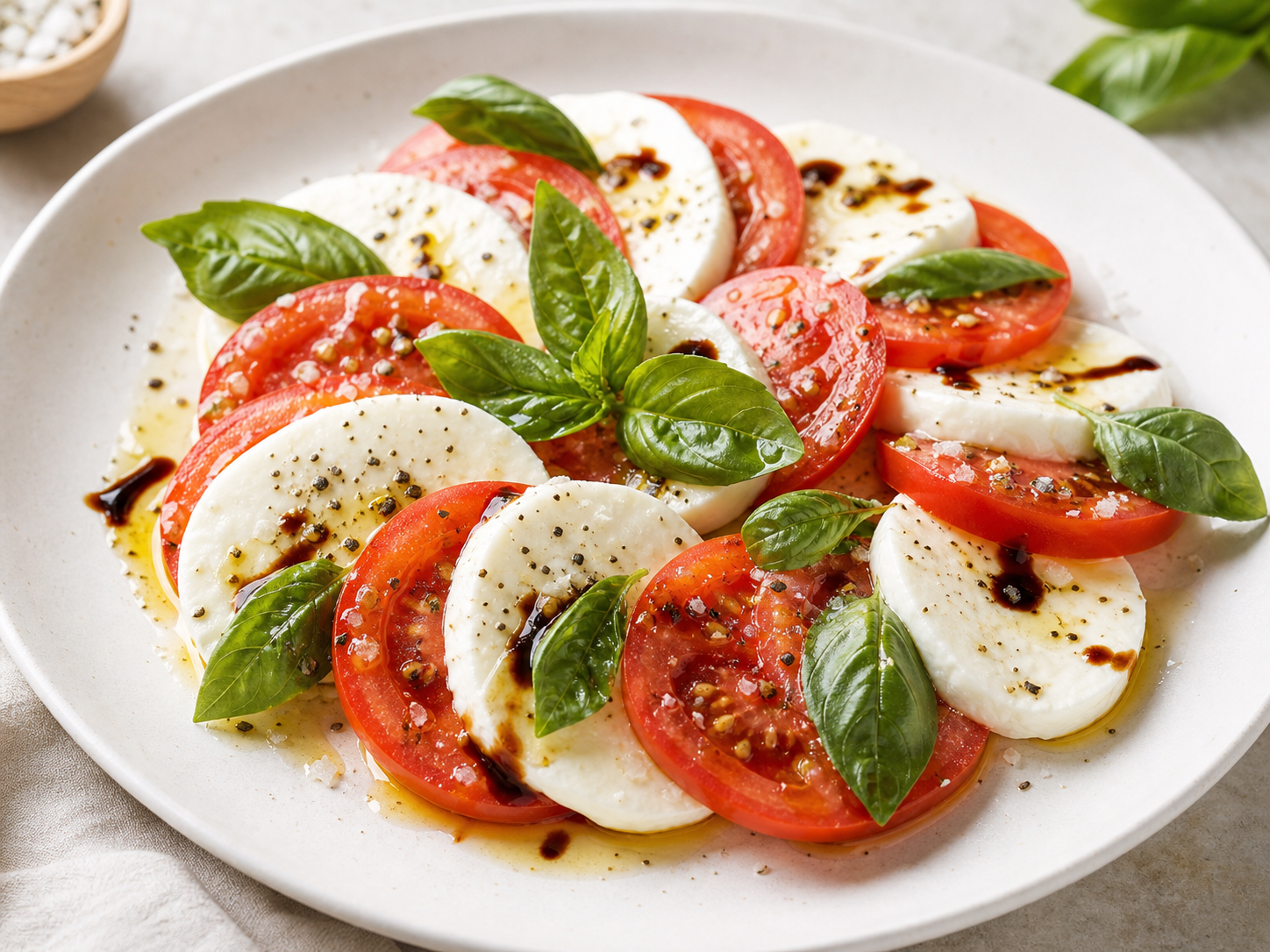 Ensalada con rodajas de tomate, mozzarella y hojas de albahaca