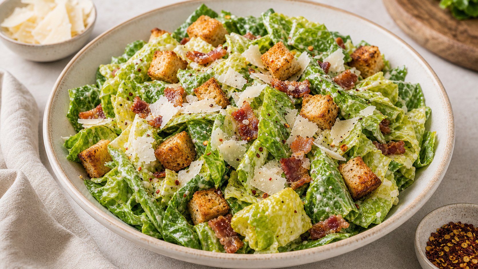 Ensalada César con crotones y queso parmesano