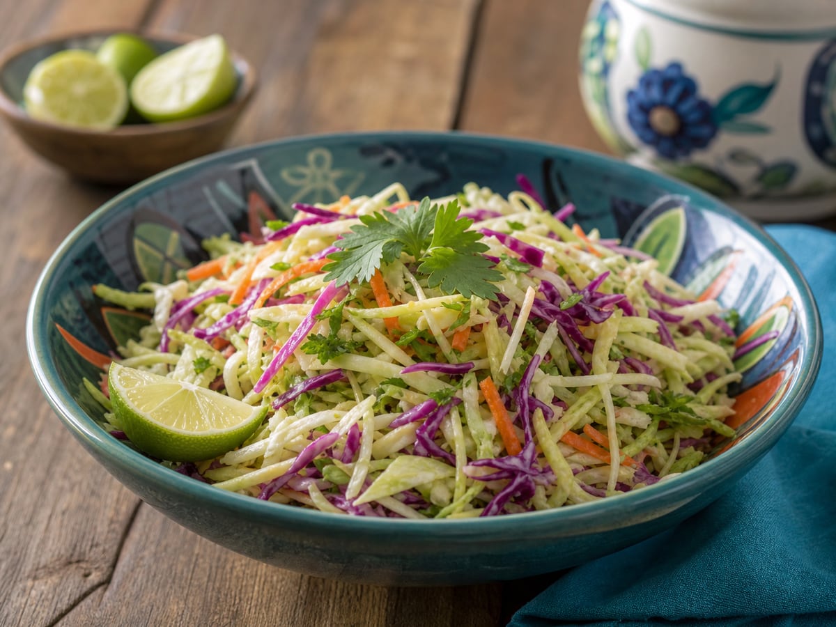 Ensalada fresca de repollo servido con zanahoria y limón