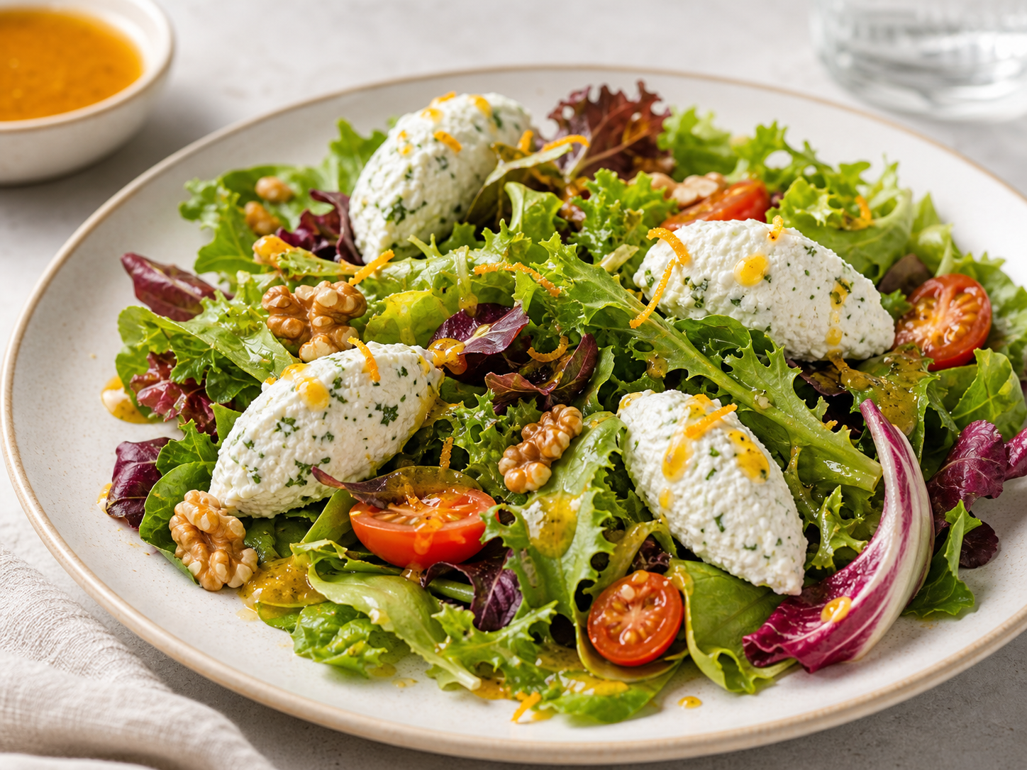 Ensalada con quenelles de ricota y vinagreta de naranja