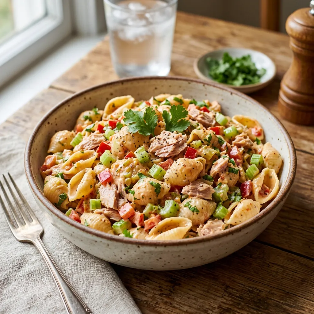 Ensalada fría de pasta tipo caracol con atún y vegetales picados